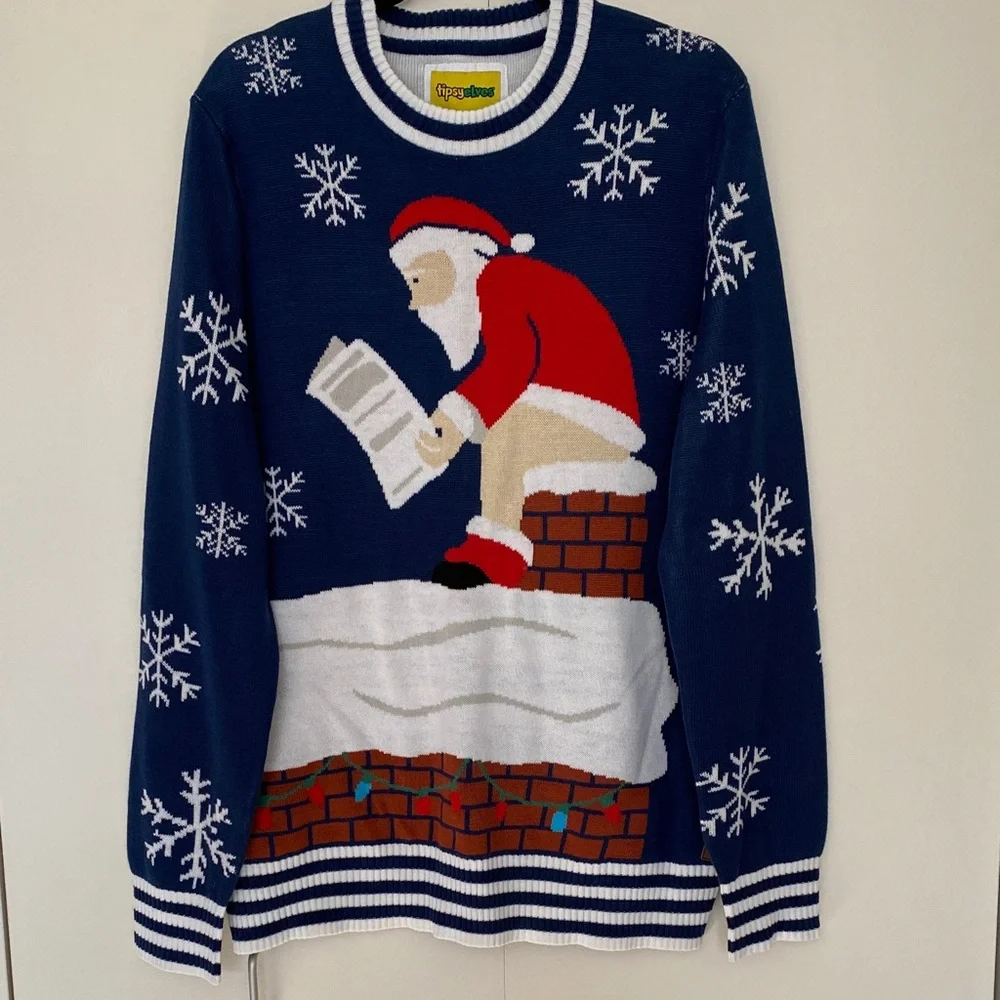 Tipsy Elves Ugly Christmas Sweater Mens Santa Clause Chimney Holidays Blue XL - Picture 1 of 8